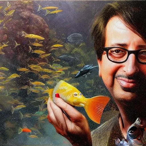 Prompt: ray romano with glasses holding a fish in front of an aquarium, ethereal, painting by karol bak