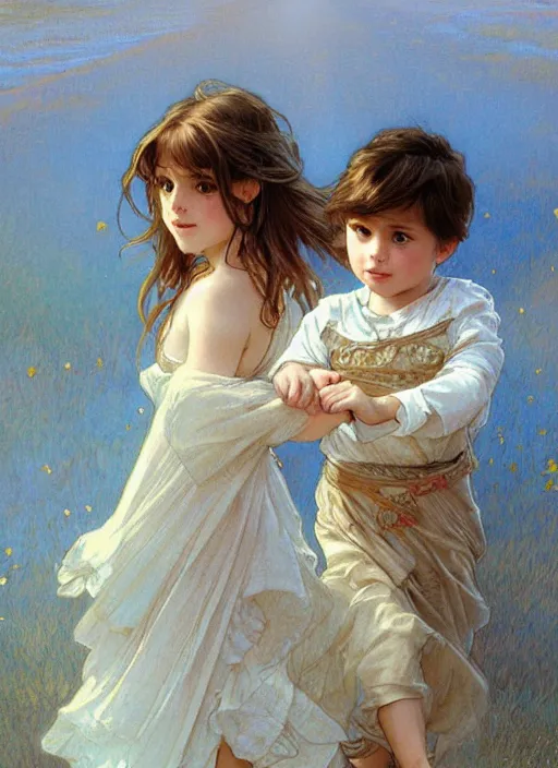 Image similar to a cute little girl with a round cherubic face, blue eyes, and short wavy light brown hair holding hands with her brother and running. beautiful painting by artgerm and greg rutkowski and alphonse mucha