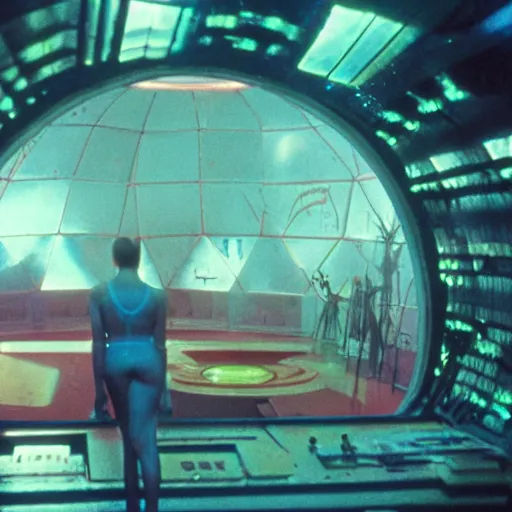 Prompt: 35mm film still blade runner set on Mars in an neon city, domes made of glas