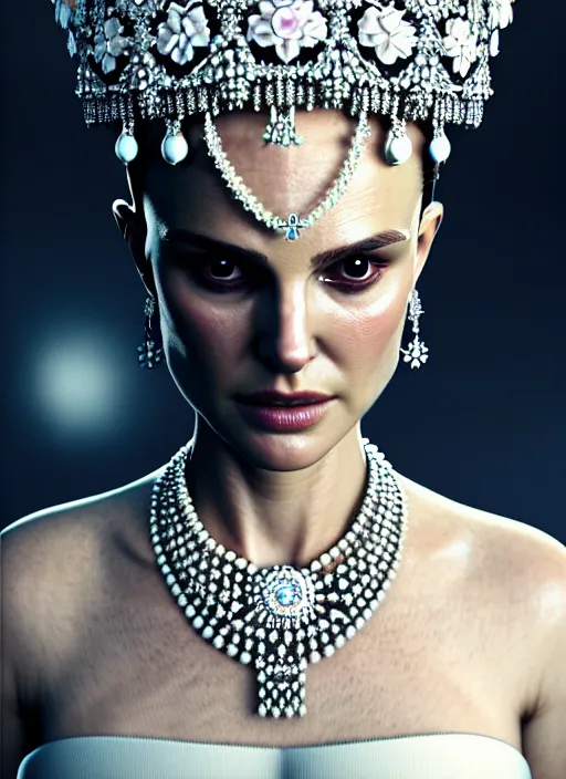 Prompt: 5 0 mm portrait of an absurdly beautiful, graceful, sophisticated, fashionable woman, natalie portman, popovy sisters, intricate jewellery, white porcelain skin, faberge, intricate chrome headdress, dark brooding atmosphere, unreal engine 5 highly rendered, global illumination, radiant light, detailed and intricate environment