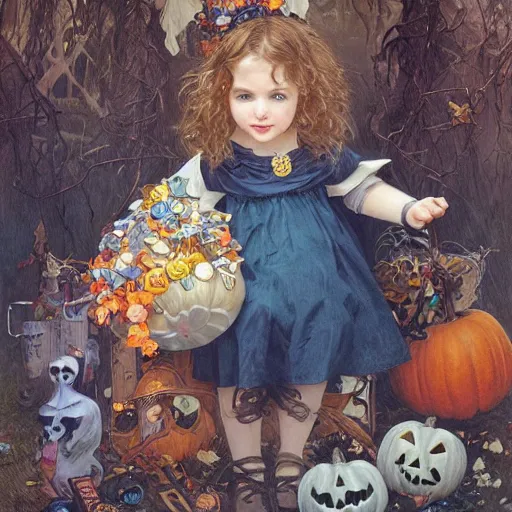 Image similar to a cute happy little girl with light brown wavy curly hair and blue eyes sitting amidst piles of halloween decorations. beautiful cute highly detailed face. halloween themed painting by artgerm and greg rutkowski and alphonse mucha.