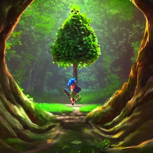 Image similar to deku tree from ocarina of time as a real tree, wide angle photo, full tree in frame, surrounded by rock walls, facial features on the tree look like an older man