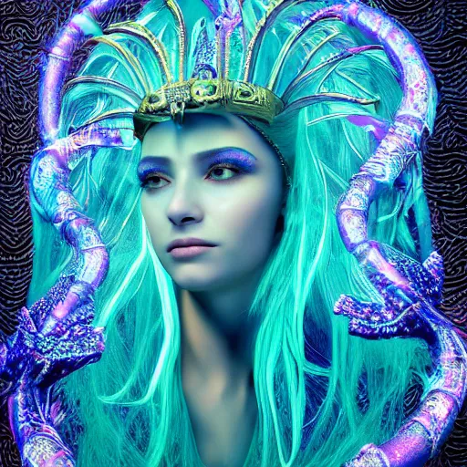 Image similar to unreal engine, octane render, 8 k, sandro botticelli portrait of egyptian sumerian goddess princess intergalactica, nautical siren, lady of elche, queen of heaven, techno mystic goddess, with aqua neon dreadlocks, teal eyebrows encrusted with diamonds, wearing iris van herpen haute couture, star - gate of futurisma,