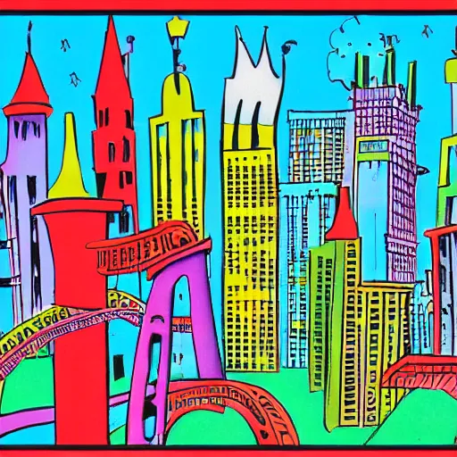 Image similar to city scape, colorful kids book illustration by dr seuss, with towers, bridges, stairs