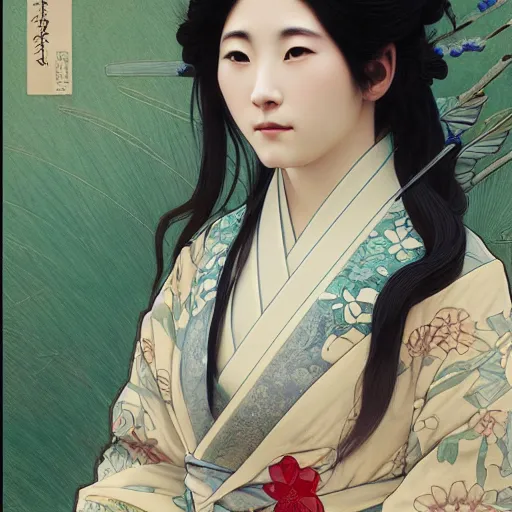 Image similar to beautiful japanese woman wearing a kimono, intricate, art by artgerm and greg rutkowski and alphonse mucha and william - adolphe bouguereau, high detailed, 4 k,