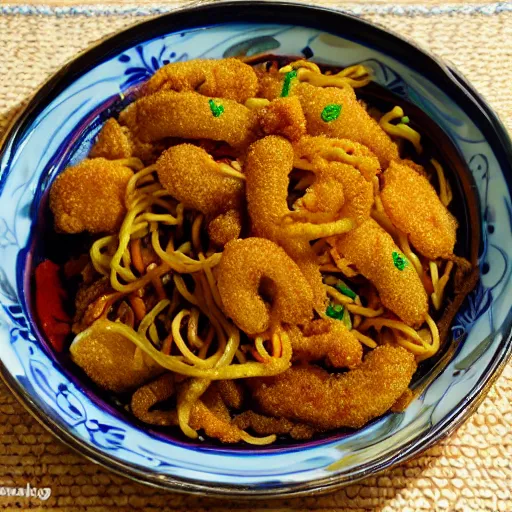 Image similar to mie goreng with fried fishes, realistic, sharp focus, 8 k high definition, insanely detailed, intricate, elegant, food photography