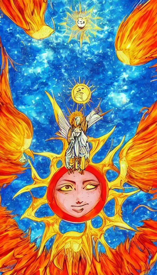 Image similar to the sun, art, anime, bright light, positive vibes based on the Tarot card The Sun