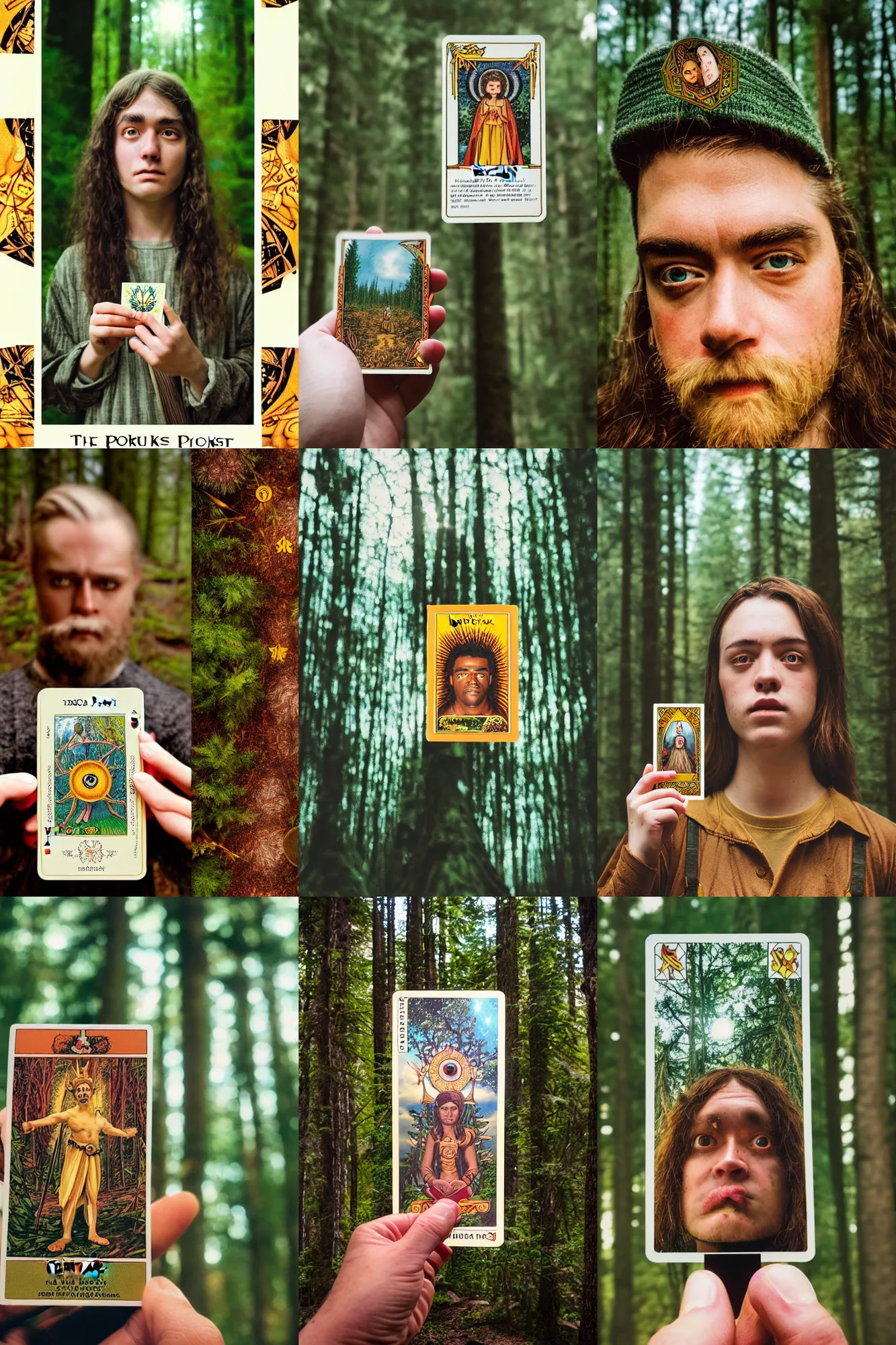 Prompt: Kodak Portra 400, 8K, highly detailed, major arcana tarot sun style card 3/4 extreme closeup portrait, eye contact, focus on card, tilt shift tarot style forest background: famous major arcana tarot movie remake, transformation scene