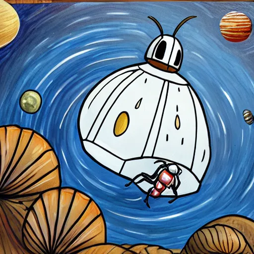 Prompt: painting of space ship in orbit around a planet, shell, carapace, insect, bug, beatle, hollow knight