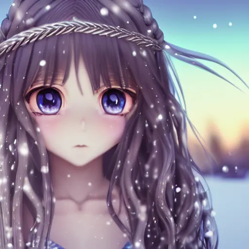 Prompt: Render of a very beautiful 3d anime girl, long curly silver hair, twisted braid, silver watery eyes, cute freckles, full round face, short smile, cute sundress, golden hour, in the snow, medium shot, mid-shot, cinematic lightning, highly detailed, trending on Artstation, Unreal Engine 4k wallpaper