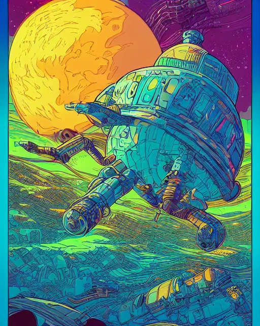 Prompt: the most amazing dream of science fiction, dan mumford, moebius, hd, vibrant color, high contrast, digital illustration