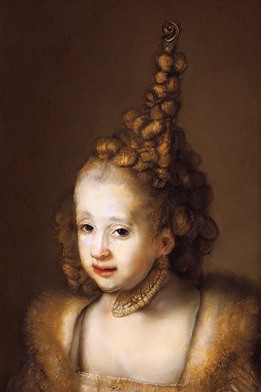 Prompt: baroque portrait of the snail girl hybrid. rembrandt lighting. photorealistic. high details.