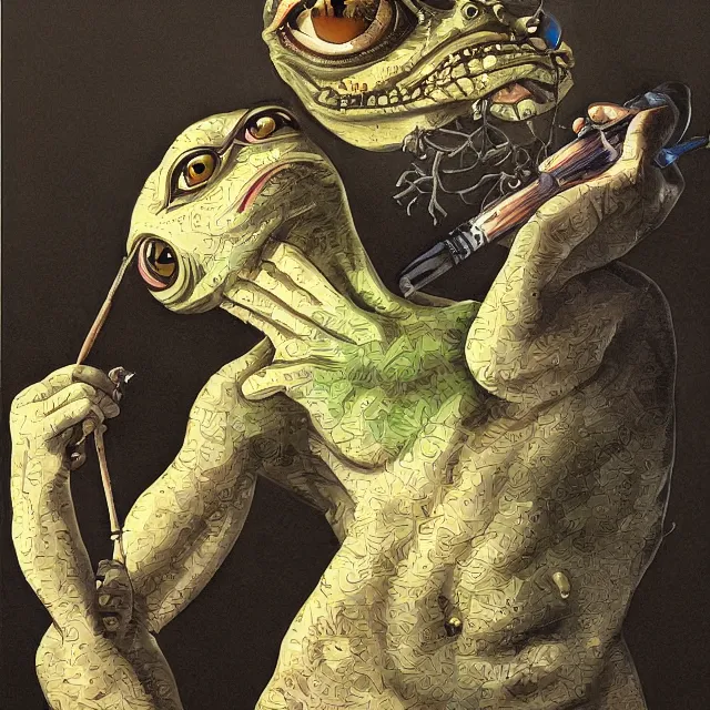 Prompt: pepe the frog artist painting a self - portrait on a canvas. intricate, highly detailed, digital matte painting in the style of alberto vargas and in the style of h. r. giger. irony, recursion, inspiration.