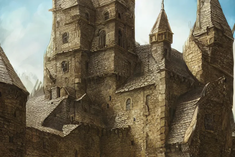 Image similar to A medieval keep, texture, intricate, details, highly detailed, masterpiece, architecture, building, trending on artstation, focus, sharp focus, concept art, digital painting, fantasy, D&D, tabletop, rpg, roleplay, sunny, day, midday