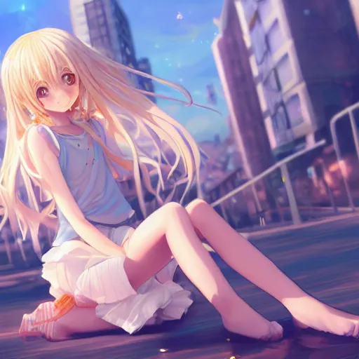 Prompt: a very beautiful anime girl, full body, long wavy blond hair, sky blue eyes, full round face, short smile, cute top, miniskirt, sitting on a miniature city, surround by a miniature crowd, cinematic lighting, medium shot, mid-shot, highly detailed, trending on Artstation, Unreal Engine 4k, cinematic wallpaper by Stanley Artgerm Lau, WLOP, Rossdraws, James Jean, Andrei Riabovitchev, Marc Simonetti, and Sakimichan