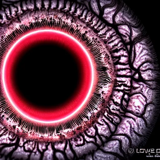 Image similar to a detailed extremely close up of inside the iris, cornea, red image, microscopic, extremely close up drawing by junji ito, cgsociety, generative art, lovecraftian, parallax, cosmic horror, extremely detailed, hyperrealism, unreal engine, octane render, award winning, masterpiece, highly detailed, realistic, 4 k, digital