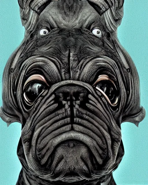 Prompt: Pug in the style of H.R. Giger, bulldog alien, flat-faced Xenomorph