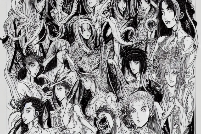 Image similar to study of a group of demons, character design sheet with intricate linework, in the style of moebius, ayami kojima, 9 0's anime, retro fantasy