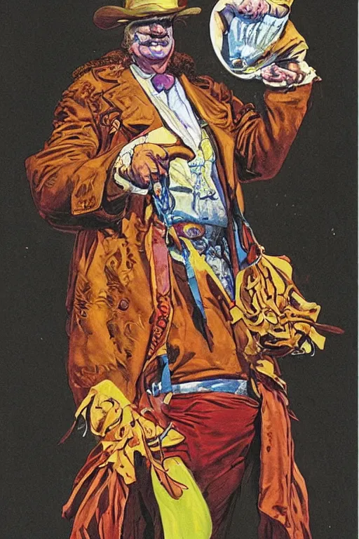 Image similar to vernon. Old west circus clown by James Gurney and Mœbius.