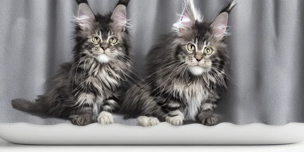 Image similar to a animated maine coon kitten artwork themed shower curtain, shower curtain. digital art. product photography. product lighting. 4 k, highly detailed. saturated.