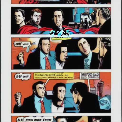 Image similar to Nicholas Cage Superman comic book. Marvel comics art style. Halftone