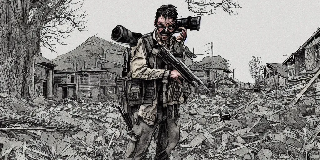 Image similar to beautiful tense illustration of an apocalyptic scene, a man wearing a sniper rifle sneaking through an abandoned rural modern village, stephen king atmosphere, 1 9 8 0 s japanese illustrator art, award winning