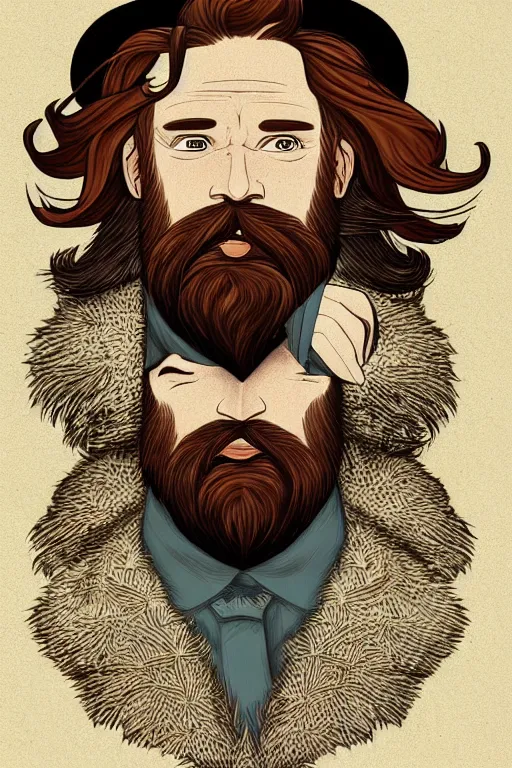 Image similar to an illustration of a portrait of a respectable dignified 3 0 ish pentecostal preacher with kind eyes and red beard and hair in the style of art - deco artwork art by kyle ferrin and loish!, digital art, highly detailed, intricate, sharp focus, trending on artstation hq, deviantart, 4 k uhd image