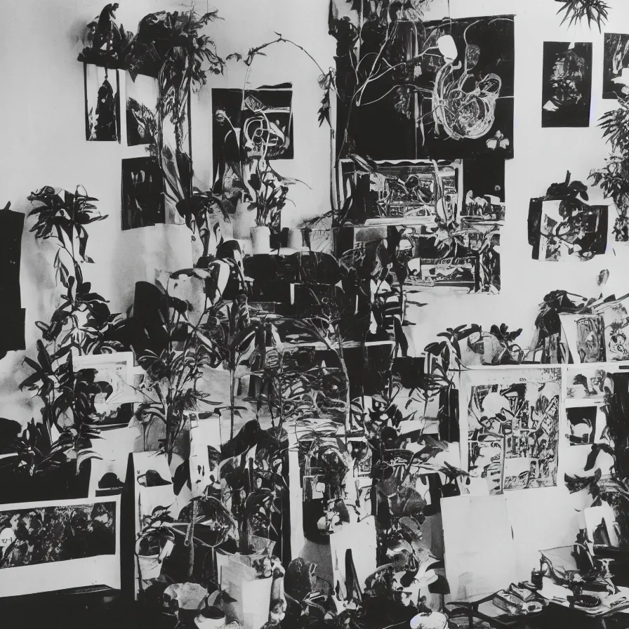 Image similar to A black and white photography of an exhibition space with objects of Sun Ra, Marcel Duchamp and tropical plants, 60s, offset lithography print, newspaper, distant shot