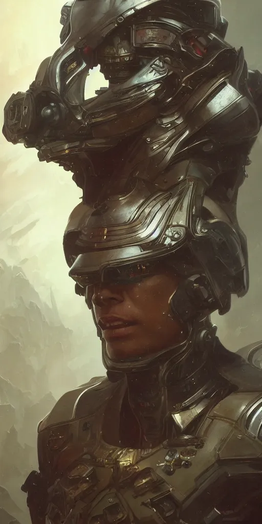Image similar to scifi character portrait Painting of a futuristic captain, warhammer , dystopian mood, intricate, wild, highly detailed, digital painting, artstation, concept art, smooth, sharp focus, illustration, art by artgerm and greg rutkowski, and alphonse mucha