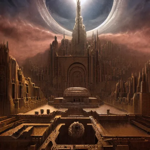 Image similar to sci - fi concrete alien eldritch demonic baroque rococo gothic architecture in hell, babylonian, ziggurat, zaha hadid, beksinski, wayne barlowe, oil painting, photoreal, highly detailed, 8 k, hd, vray, artstation, cinematic matte painting, extreme detail photo quality, sunset, featured on behance