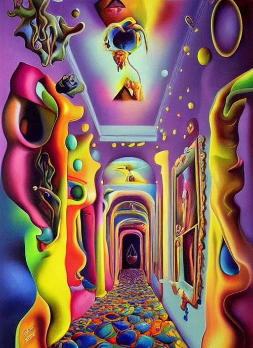 Image similar to an extremely high quality hd surrealism painting of a 3d galactic neon complimentary-colored cartoony surrealism melting optically illusiony hallway by kandsky and salvia dali the second, salvador dali's much much much much more talented painter cousin, clear shapes, 8k, ultra realistic, super realistic