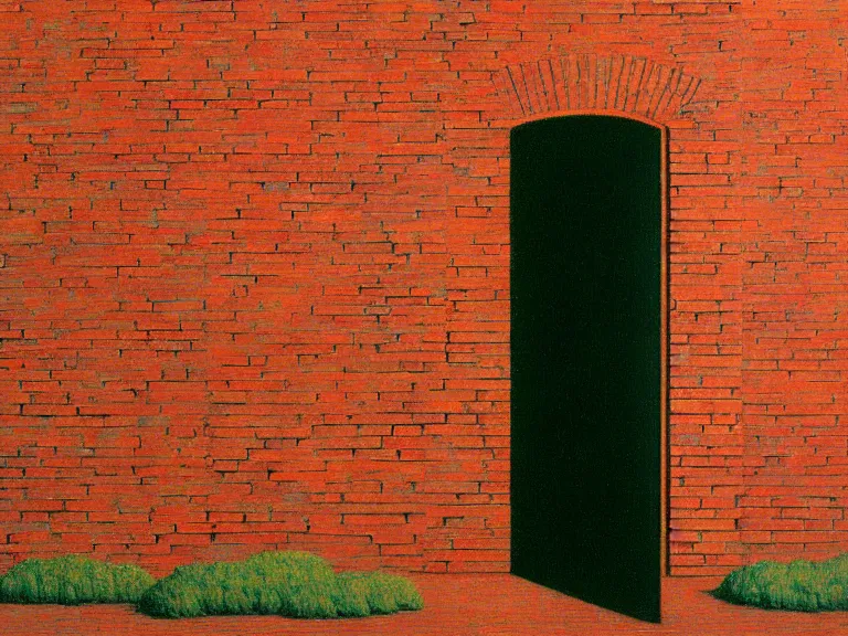 Image similar to an open door to nothingness in brick wall, painting by rene magritte, high detail!!, high resolution!!