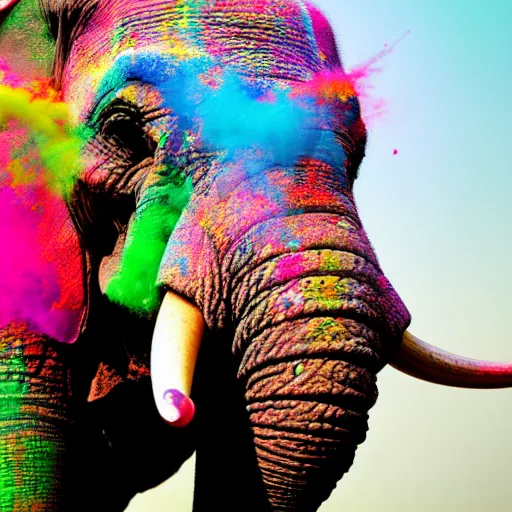 Image similar to photograph of happy elephant covered in bright-colored powder, holi, sharp focus, cinematic lighting, rim lighting, clouds of colored powder flying in the background, enhanced, 4k, hd, flickr