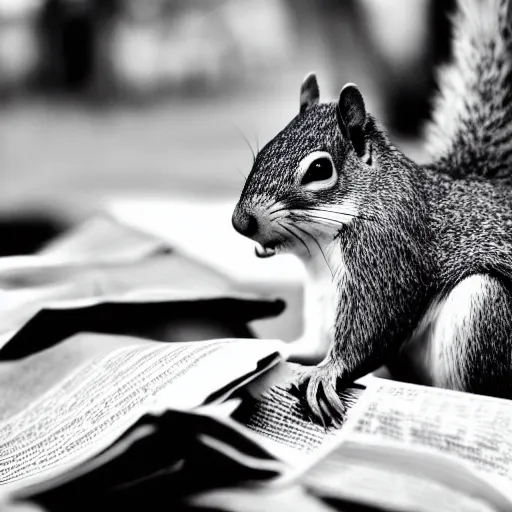 Prompt: photography of a squirrel detective wearing an old grey suit furiously flipping through papers, black and white