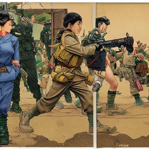 Prompt: manga style, marvel japan coloring, side portrait of a girl, trench and sandbags in background, realistic soldier clothing, realistic anatomy, norman rockwell, tom lovell, alex malveda, jack kirby, greg staples