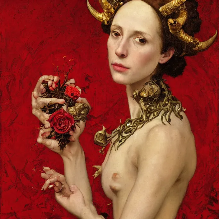 Image similar to portrait of a woman with a golden skull instead of a head, a wreath of thorns, a dress of bones and roses, horns, snakes, smoke, flames, full-length, oil painting in a renaissance style , very detailed, red background, painted by Caravaggio, Greg rutkowski, Sachin Teng, Thomas Kindkade, Alphonse Mucha, Norman Rockwell, Tom Bagshaw.