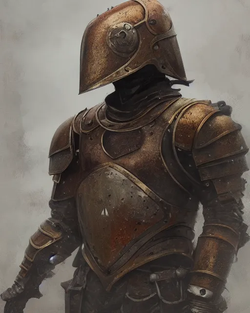 Image similar to Hyper realistic painting of an empty suit of rusty medieval full plate armour, dark fantasy, fantasy armor, hyper detailed, by greg rutkowski, surrounded by dark fog, trending on artstation