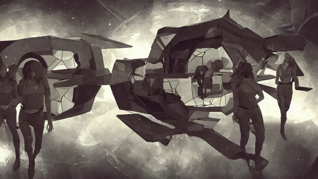 Image similar to all - female crew in a minimalistic, dark ( spaceship ), by jon foster, low poly.