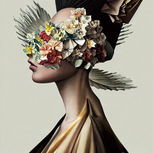 Image similar to 3 / 4 view of a beautiful girl wearing an origami dress, elegant, by esao andrews, by eiko ishioka, givenchy, by peter mohrbacher, centered, floral ornamentic, detailed beautiful face, high depth of field, origami, detailed fashion illustration, vogue, japanese, reallusion character creator