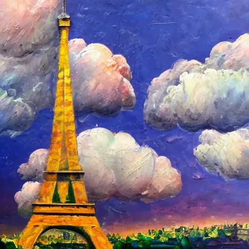 Prompt: oil paint impasto reliefs, eiffel tower, super realistic, influenced by constables cloud studies, painted with expressive paint and cumulus clouds,