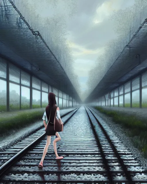 Image similar to submerged train tracks, reflective water, wide horison, girl walking and carrying shoes, train station in the distance, large white clouds, intricate, elegant, highly detailed, digital painting, artstation, concept art, smooth, sharp focus, illustration, art by artgerm and greg rutkowski and fra angelico