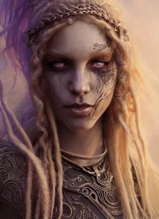 Image similar to fantasy changeling girl with blonde dreadlocks revealing her true nature, evile eyes, dim light, front game card, marvel comics, dark, intricate, highly detailed, smooth, artstation, digital illustration by ruan jia and mandy jurgens and artgerm and wayne barlowe and greg rutkowski and zdislav beksinski