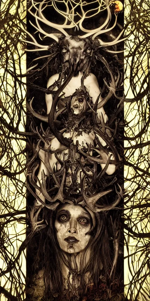 Image similar to intense glowing black metal pagan god with antlers and fangs and intense glowing eyes with a goat skull in very dark forest by mark ryden and alphonse mucha, portrait, fantasy, clear, light beams, lens flare, intense, uhd, amazing depth, cinematic lighting