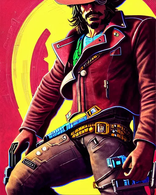 Image similar to mccree from overwatch, cyber cowboy, character portrait, portrait, close up, concept art, intricate details, highly detailed, vintage sci - fi poster, retro future, vintage sci - fi art, in the style of chris foss, rodger dean, moebius, michael whelan, and gustave dore
