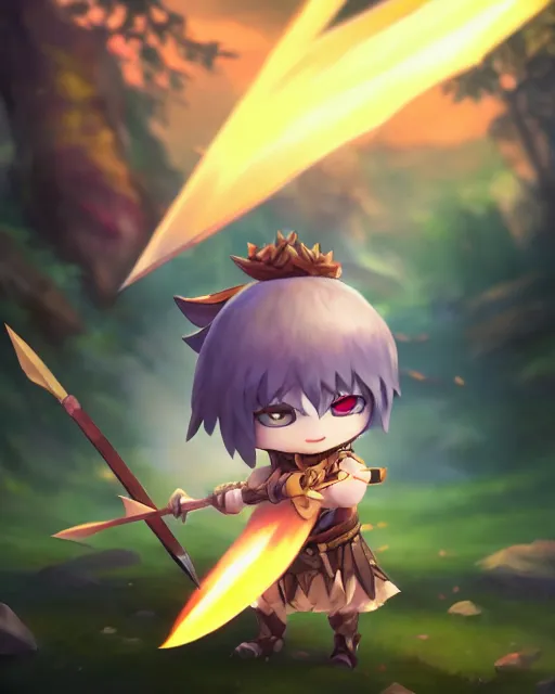 Image similar to oil painting of a cute chibi MapleStory warrior,, attacking, casting a spell with a spear, wearing a MapleStory warrior outfit, sharp focus, fantasy style, octane render, volumetric lighting, 8k high definition, by greg rutkowski, highly detailed, trending on artstation, magic the gathering artwork, Perion background from MapleStory, centered