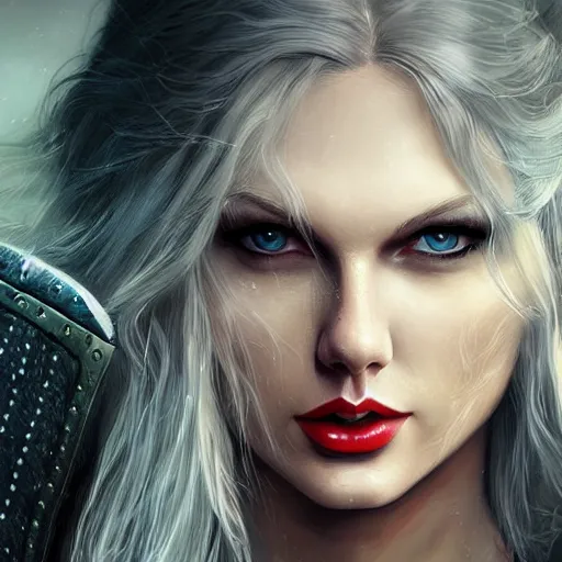 Image similar to an epic portrait of taylor swift as a witcher, witcher design, beautiful face, detailed face, white hair, epic fantasy art, trending on artstation, deviantart, high detail, high definiton, ultra realistic, high quality, ultra quality, hyper realistic, 4 k uhd,