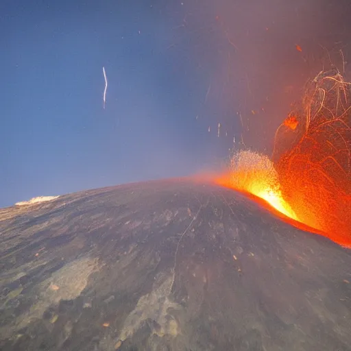 Image similar to meteorite crashing into an active volcano, photography