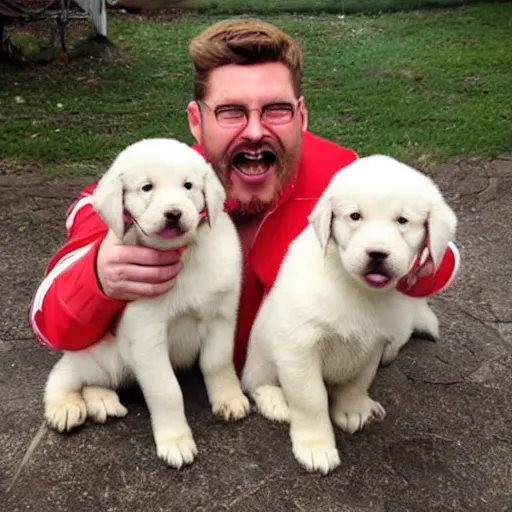 Prompt: satan happy that he is surrounded by cute puppies