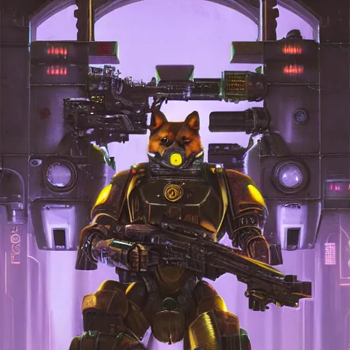 Image similar to cyborg anthropomorphic shiba inu warhammer 4 0 k emperor armor realistic scifi cyberpunk, holding scifi neon laser gatling gun portrait art by donato giancola and greg rutkowski, realistic face, digital art, trending on artstation, symmetry