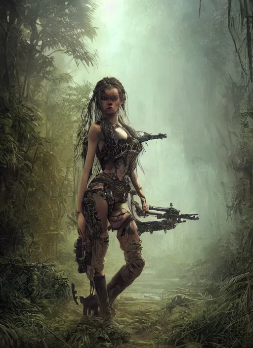 Prompt: portrait of a young very beautiful cute tribal woman holding a steampunk gun, in a post apocalyptic city overgrown with lush vegetation, by Luis Royo, by Greg Rutkowski, dark, gritty, intricate, volumetric lighting, volumetric atmosphere, concept art, cover illustration, octane render, trending on artstation, 8k